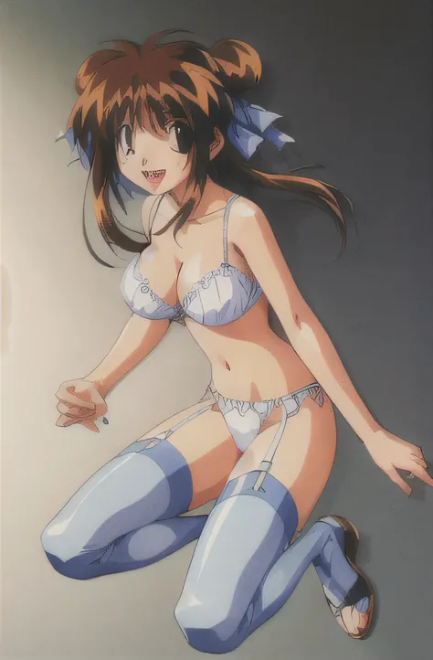 look, 1 girl, alone, hair ribbon, In underwear,white ruffle bra,white panties, clock, garter strap, Thighhighs, teeth, closed one eye, open your mouth, 1990s (style), cleavage, 視聴者をlookいる, jump,whole body,, retro artstyle, smile 