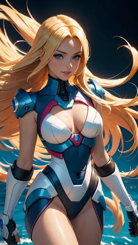 (best quality,ultra-detailed,photo-realistic:1.37),bright and vibrant colors,studio lighting,playful expression,stylish makeup,long blonde hair flowing in the wind,alluring eyes,glossy lips,sexy pose, Reploid, Cyberspace, Megaman X, Zero, smiling in a conf...