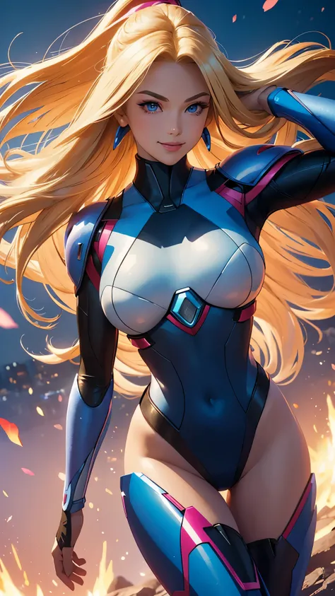 (best quality,ultra-detailed,photo-realistic:1.37),bright and vibrant colors,studio lighting,playful expression,stylish makeup,long blonde hair flowing in the wind,alluring eyes,glossy lips,sexy pose, Reploid, Cyberspace, Megaman X, Zero, smiling in a conf...