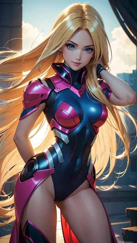 (best quality,ultra-detailed,photo-realistic:1.37),bright and vibrant colors,studio lighting,playful expression,stylish makeup,long blonde hair flowing in the wind,alluring eyes,glossy lips,sexy pose, Reploid, Cyberspace, Megaman X, Zero, smiling in a conf...