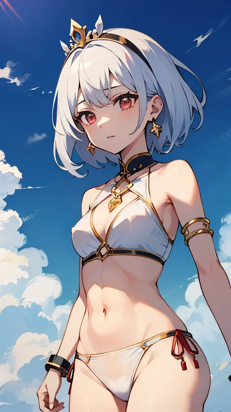 young girl　silver hair　white swimsuit　　short hair　red eyes　irreverent face　look down　thin body　thin thighs　small breasts　small ass　toned body　wrist bracelet　jewelry bracelet　tiara with jewels　sunlight　ripped abs　　slanted eyes　white skin　deep red eyes　symme...