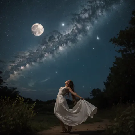 A woman with flowing hair dancing under a full moonlit sky, surrounded by fireflies.
