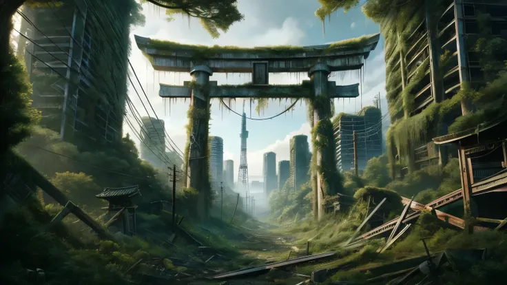 Arafed city with gates and railroad tracks in the foreground, apocalyptic tokyo, set in apocalyptic tokyo, very realistic concept art, Ruined cityscape outdoors, overgrown city, too much growth. by Makoto Shinkai, Environmental concept art, inspired by Tor...