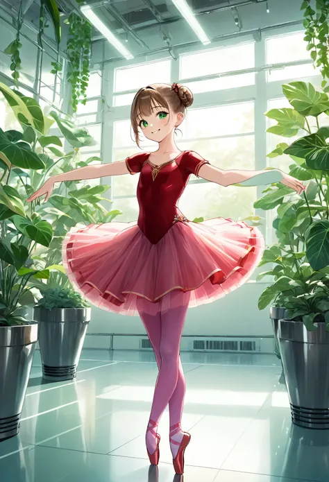 (best quality,4k,highres),ultra-detailed,realistic,portraits, A cute 15 years old japaneese girl doing ballet, dancing in a high tech ballet studio, drawn in anime style, full body view, futuristic, Frutiger Aero aesthetic, plants pot hanging on the walls,...