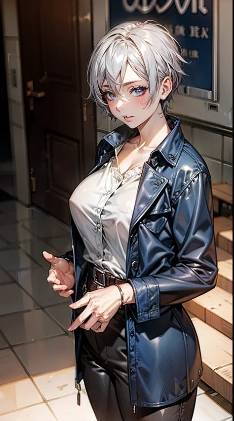 (mature woman１people), (gray hair, super short:1.3), blue colored eyes, medium breasts, (Blue leather raincoat), belt, pants, office, masterpiece, high quality, ((nfsw:1.3))