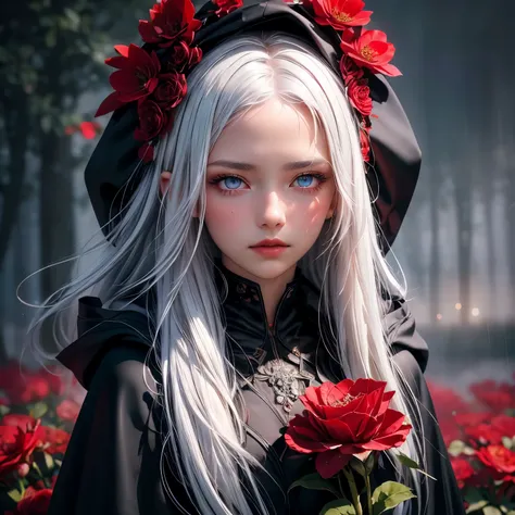 1girl,solo,1girl,solo,((beautiful detailed eyes)), (detailed light),depth of field,(white hair),silver eyes,hair over one eye,(red flower ), hair flower,long hair,black cloak,wet,emotionless,looking back,night,starfall,raining,fog,red flowers falling,sketc...