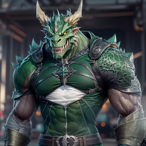 anthropomorphic dragon human, human face, massive upper body build, muscular, giant fin on head, green skin, white shirt, blue pants, green eyes, angry expression, gun belt with pouches, shinny black shoes, photo-realistic, octane render, unreal engine, ul...