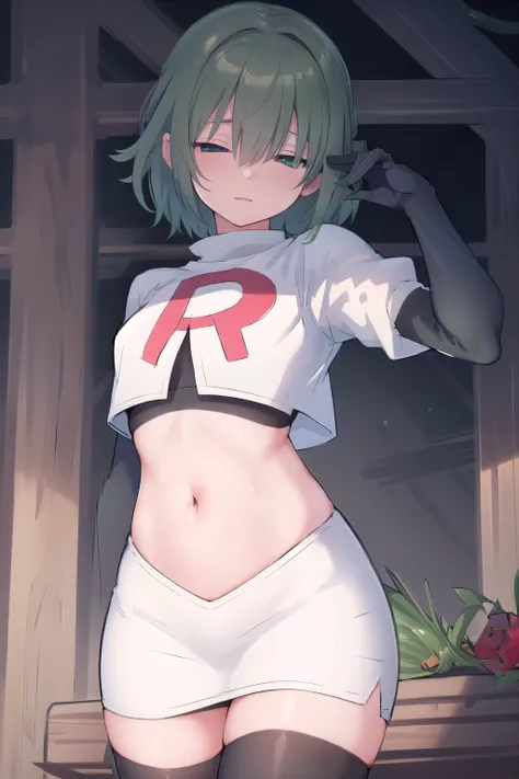 (masterpiece, best quality:1.2),illustration,8k,hd,1girl,solo,green hair,hair over eyes,ribbon,team rocket,team rocket uniform,white skirt,red letter R,crop top,black thigh-highs,black elbow gloves 