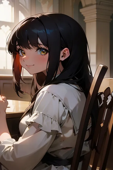 garota de anime sentada em uma mesa, estilo de arte anime moe, visual de anime de uma linda garota, [[[[sorrindo maldosamente]]]], arte cg de anime suave, jovem anime, iwakura deitado, detalhes finos. linha de frente das meninas, sorriso astuto, lindo retr...