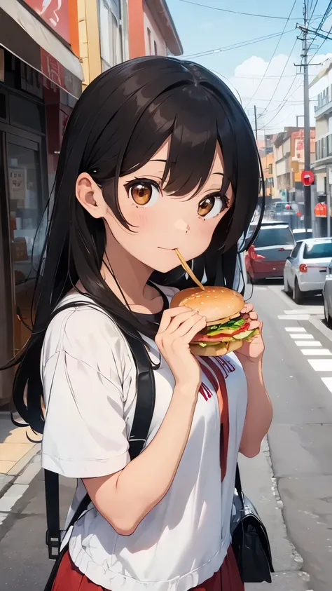 anime girl brown eyes, comiendo en un restaurante hamburguesas en alta definicion