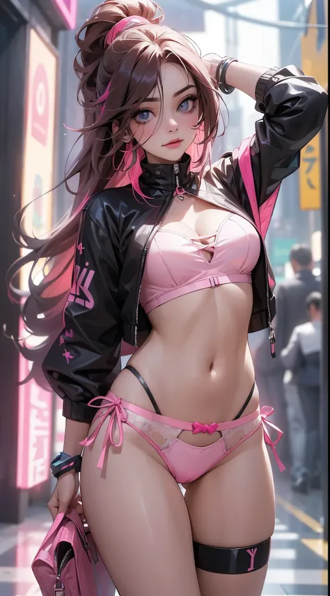 Idol girl, Super beautiful Asian girl with very beautiful violet bright eyes, beautiful multicolored shiny brown hair, Cola de caballo alta, Cuerpo agradable y sexy, cuerpo delgado, cuerpo perfecto, Un anime impreso super apretado fuera de los hombros mang...