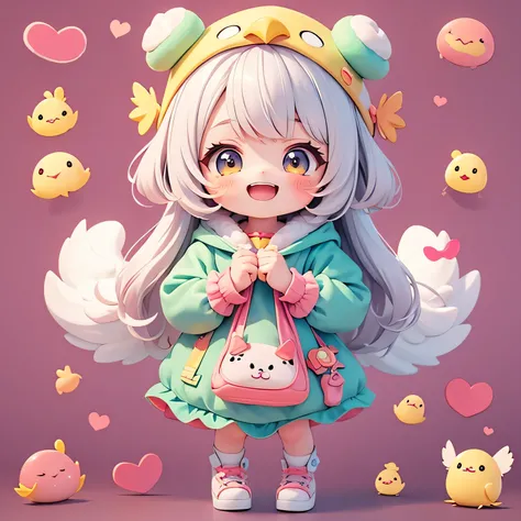 The characters smile playfully and in love , The character clasps his hands in pleading. , cartoon girl in a chicken costume with a hat and a hand,  kawaii cutest sticker ever, cute digital art, chibi girl, cute anime style, cute detailed digital art, anim...