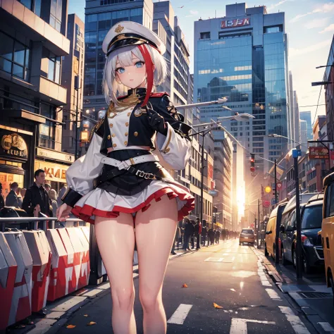 A girl with a white marching band uniform with gold details, silver hair, red bangs, blue eyes, perfect arms, perfect legs, perfect fingers, holding a trumpet, marching band hat, with several people in the marching band background. on a big city road.
