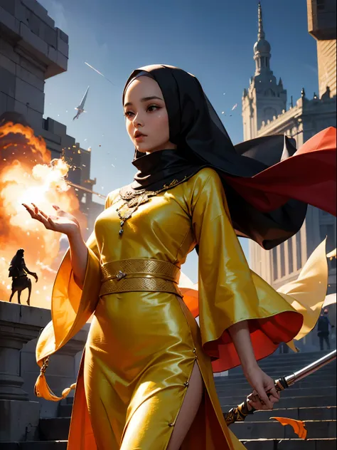 RAW, Best quality, high resolution, masterpiece: 1.3), beautiful Indonesian woman in hijab (iu:0.8)1beautiful Malay woman wearing baju kurung and hijab, flowing shawl,weapon in hand, sci-fi, explosions behind, movie poster,super realistic