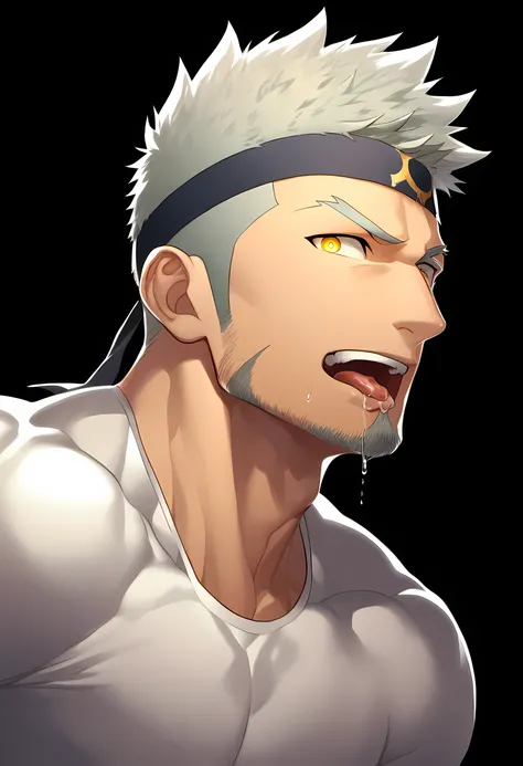 anime characters：Guy, Priapus, 1 young muscular man, male focus, Six pointed star tattoo on face, Sporty black headband, White spandex tight T-shirt, muscular male, muscular, only, Upper body, alone, white short hair, stubble, yellow eyes, black background...