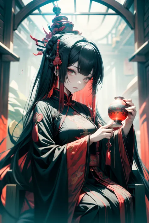 Chinese Gothic Punk、JIANGSHI style,Daughter of the Chinese emperor、Overwhelming intimidation、Emitting majesty from the whole body、Put your hands in your sleeves,(Comic Noir Style),(linear art_Anime),(solid color_highcontrast),(masutepiece, Best Quality, ),...