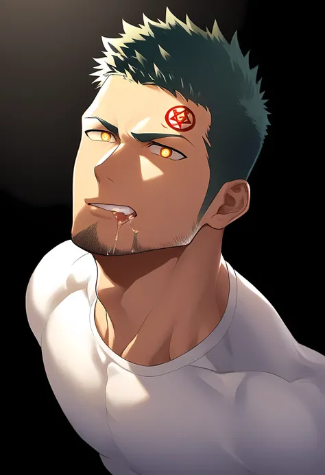 anime characters：Guy, Priapus, 1 young muscular man, male focus, Six pointed star tattoo on face, Sporty black headband, White spandex tight T-shirt, muscular male, muscular, only, Upper body, alone, white short hair, stubble, yellow eyes, black background...