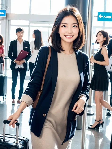 A cute 22-year-old Japanese woman is at Haneda Airport. She is standing near the boarding gate, holding a suitcase and a passport in her hand. The scene is set with a lively atmosphere, as people are bustling around, preparing for their flights. The womans...