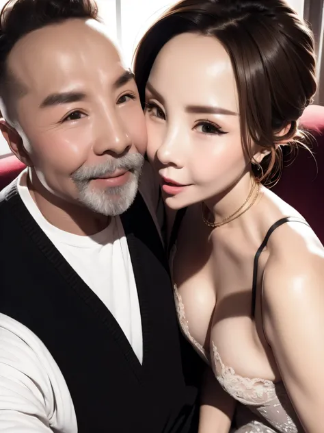 Bride in erotic wedding dress and muscular old man making out in nightclub, ultra high definition, masterpiece, textured skin, Ultra-detailed, best quality, 8k.