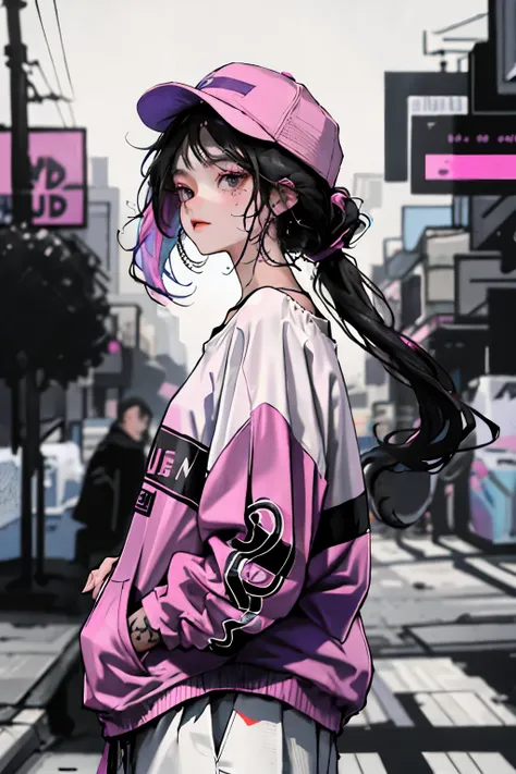 1girll,Back shadow splatter,colorful neon purple pink ish paint splatter Sweatshirt,An off-the-shoulder garment,baseball cap,Alchemy Laboratory,the mystery of unknown territories,Put your hands in your pockets,random colorful black and white long hair,Shou...