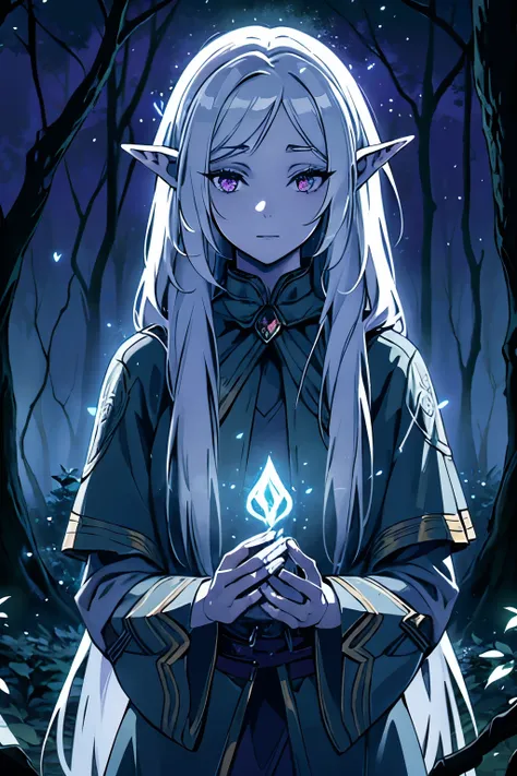 (best quality,4k,highres,masterpiece:1.2),ultra-detailed,(realistic,photorealistic,photo-realistic:1.37),dark elf,1 female,white hair,dark skin,long braided hair,wizard robes,holding an intricate magic staff,moonlit magic forest background,ethereal glow,en...