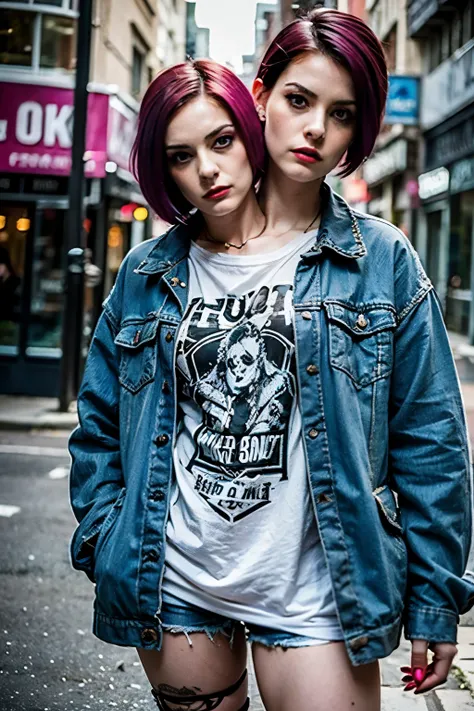 2heads, two headed woman, age 24, pale skin, short black hair with magenta streaks in front, punk rock fashion,