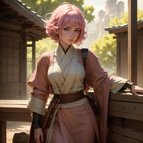 8k, masterpiece, best quality, realistic, higly detailed, cowboy shot, 1woman, solo, Senju Kawaragi, below-average height, short light pink hair, green eyes, prominent eyelashes, layered tousled bob hairstyle with unruly waves and blunt edges, often mistak...