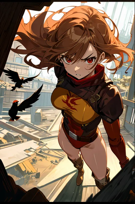 Arti future anime. Birds eye view, woman supervillain standing in dilapidated house, wet messy hair over eyes, red eyes, detailed brown leotard, Golden tight belt, bare legs, matching boots. vixip, close-up landscape, angry. Hand drawing, cinematic lightin...