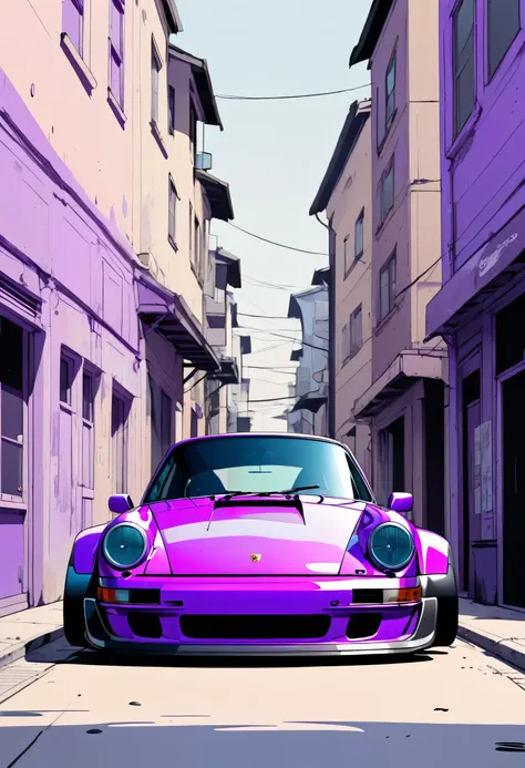 A Porsche 911 rwb， Minimalist, Disjointed,Editor， illustration ，purple and Dark beige 