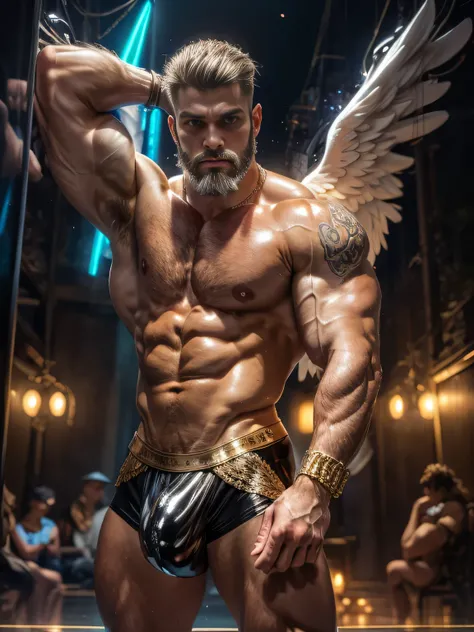 (mid_shot:1.3),(1 male:1.2),(muscle man:1.1),(frontal illumination:1.2),with a silver body and glitters with lights above, silver hair, green shade, silver beard, extreme iridescent reflection,in the style of vray tracing,shiny/ glossy,rococo pastel,vray,s...