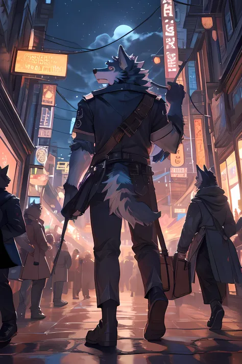 top quality, best quality, High quality illustrations, masterpiece, ultra high resolution, Detailed background, crowded cityscape, crowd(Very detailed beautiful face and eyes)Ridiculous, perfect anatomy(cute 1girl, , Rear view, cannon)(hairy)(hairy anthro:...