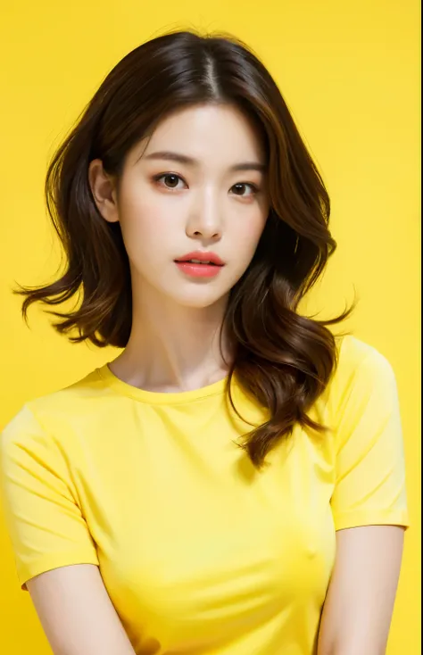 Best quality,masterpiece,ultra high res,(photorealistic:1.4),1girl, White short-sleeved T-shirt, in studio, pastel yellow background,