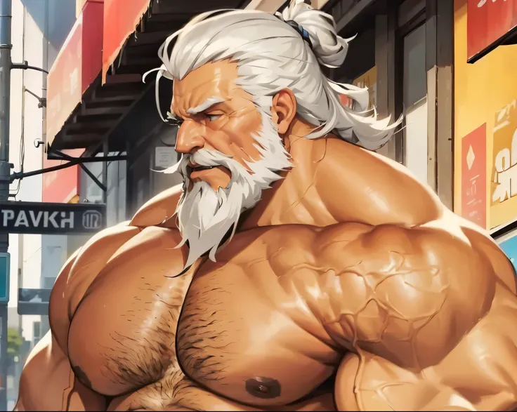 chubby old man in street city, old man, thick arm, huge arm, bearded. white hair and beard, bearded, muscular, pectoral, wide pectoral, realistic, 8k, masterpiece, (wearing shorts and shirtless, topless, shoes)