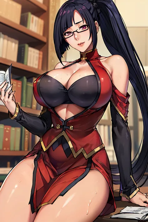 very tempting pose, reading a book, (at library), (library background), red dress, chinese clothes, cleavage cutout, clothing cu...