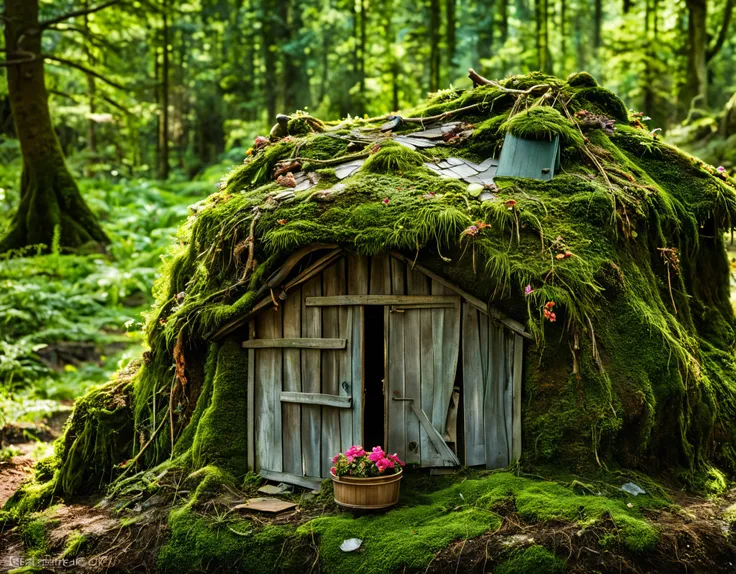 In dense bushes of mossy forest，A stunning fairy tale-like fairy village hidden away., Fairies live in magical houses in this village, This view shows us the magical life of fairies near their home, Fairies do magical and mundane things, The villages and f...