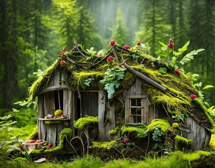 In dense bushes of mossy forest，A stunning fairy tale-like fairy village hidden away., Fairies live in magical houses in this village, This view shows us the magical life of fairies near their home, Fairies do magical and mundane things, The villages and f...