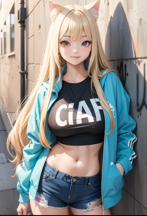 ((1 cat girl)), big and voluminous breasts ((blond hair with bangs)) ((long straight hair)) cute hip hop clothes top open jacket shorts nice fabric, extremely sexy body, perfect lips, cheeky smile, graffiti , WALL, leaning against the wall, seductive, sexy...