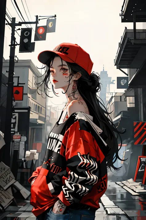 1girll,Back shadow splatter, red paint splatter Sweatshirt(black ish color),face and neck tattoo, An off-the-shoulder garment,baseball cap,Alchemy Laboratory,the mystery of unknown territories,Put your hands in your pockets,random colorful long hair,Should...