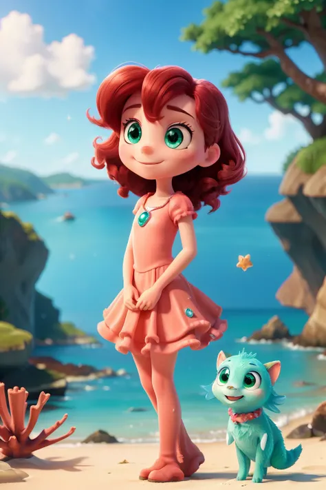 Introduce Sparkle, a young and energetic creature with a sparkling emerald hide, standing next to their friends Coral, a radiant red crustacean, and Toby, a thoughtful and calm-looking starfish. The trio is huddled together on the sandy shore of Coral Cove...