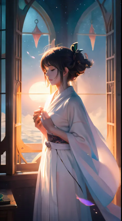 (1girl:1.3),solo,__body-parts__,, official art, unity 8k wallpaper, ultra detailed, beautiful and aesthetic, beautiful, masterpiece, best quality,Fantastical Atmosphere, Calming Palette, Tranquil Mood, Soft Shading,, Miko priestess, charm spell, talisman f...