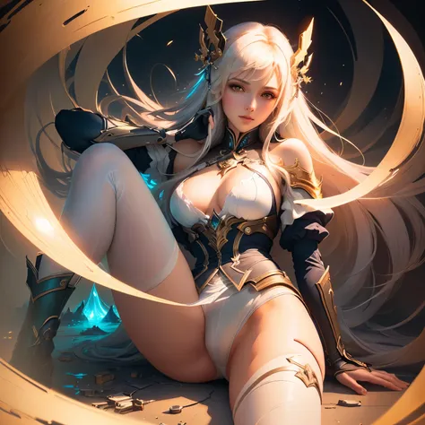 masterpiece, highest quality, (Highly detailed CG Unity 8k wallpaper), (highest quality), (Best Illustration), (best shadow), disorganized, realistic lighting, (abyss), beautiful delicate shine, art：PeterMohrBacher,spread her legs、show white panties,