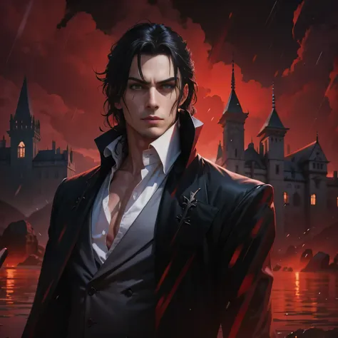 a painting of a man in a black coat in front of a castle, handsome male vampire, male vampire, count Dracula, vampire lord, vampire from the lasombra clan, stylized urban fantasy art, Dracula, he is very threatening and evil (evil gaze ), (psychotic look),...