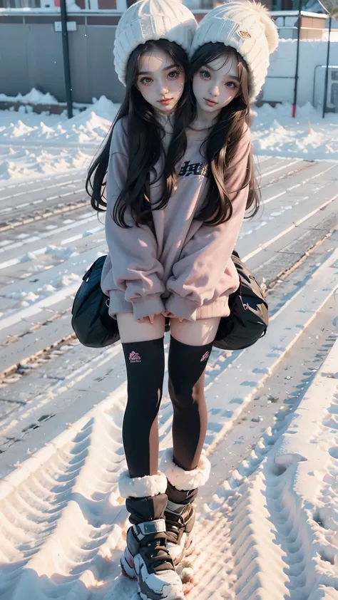 best resolution, 2 heads, Australian model girl two heads, 19 years old, youthful, wearing a pink and black outfit posing in the snow with her hands on her head, wearing pink and black tight clothing, snow on the body, with black beanie on head, outside in...