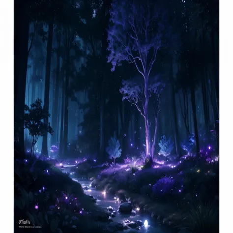 (best quality,ultradetailliert,Realistisch:1.37),magisch, ethereal, Nacht, lebendige Pflanzen, mystical atmosphere, Leuchtende Pflanzen, Firefly, enchanting atmosphere, Dark Backgrounds, dunkelviolettes blaues Farbschema, forest at Nacht, Baum des Lebens, ...