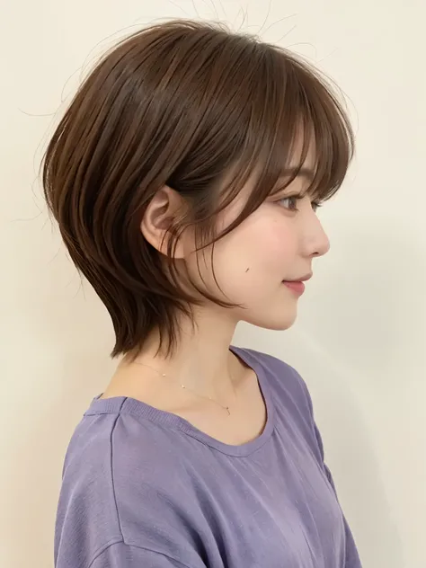 white wall、Taken in front of the white door、(8k、Live shooting、highest quality、masterpiece:1.2)、High-definition RAW color photo、light purple long sleeve shirt、professional photos、(genuine、フォトgenuine:1.37)、Photographed in natural light、1 girl、lazy smile、(var...
