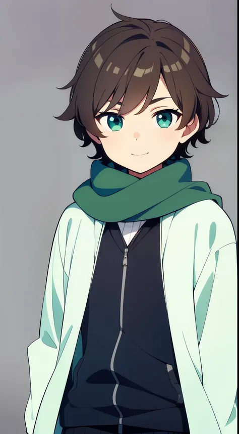 (high-quality, breathtaking),(expressive eyes, perfect face), 1boy, male, solo, grey background, dark brown hair, green blue eye color, fluffy hair, short hair length, wavy hair, scarf, green and white hooded jacket, dark blue shirt, childrens clothing, 4 ...