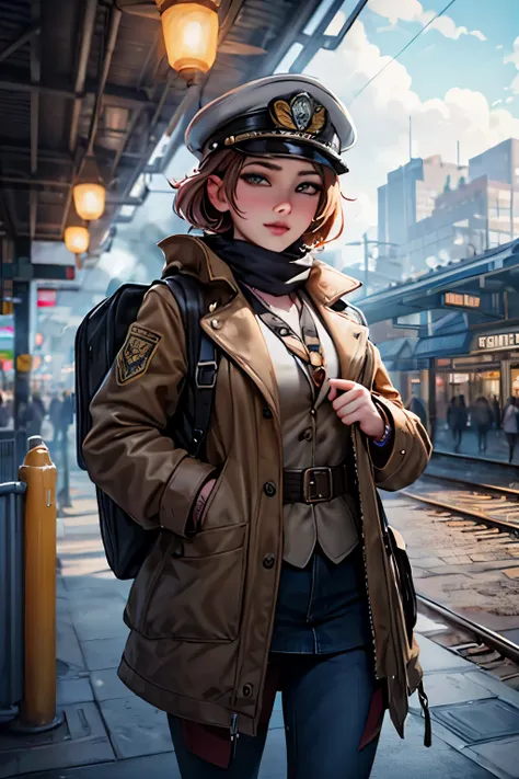 1 girl,  aviator hat ,   solo,   steam punk, train station,  , steam, smoke, masterpiece, highly detailed,HDR,8k resolution, best quality,