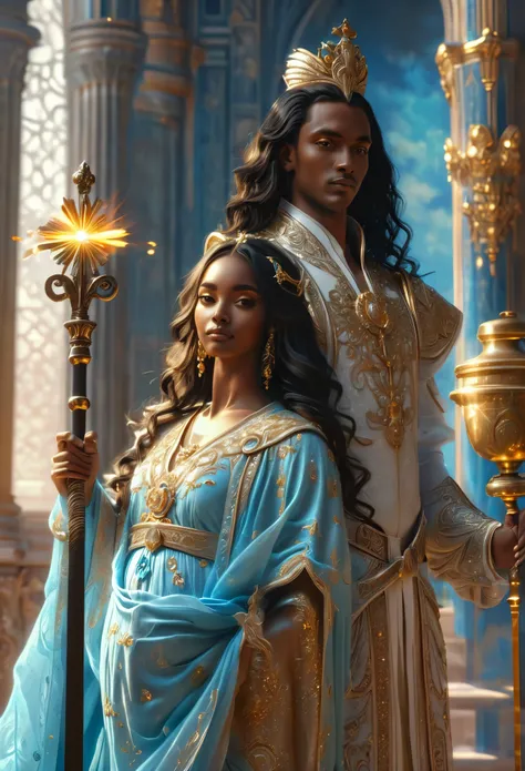 A couple in heavenly palace, two young ((black-skinned)) imperial judges in a celestial court, a beautiful young man with long hair and a beautiful pregnant woman with long hair, holding scepter and lance, visage très fins, visages parfait, corps entier, 8...