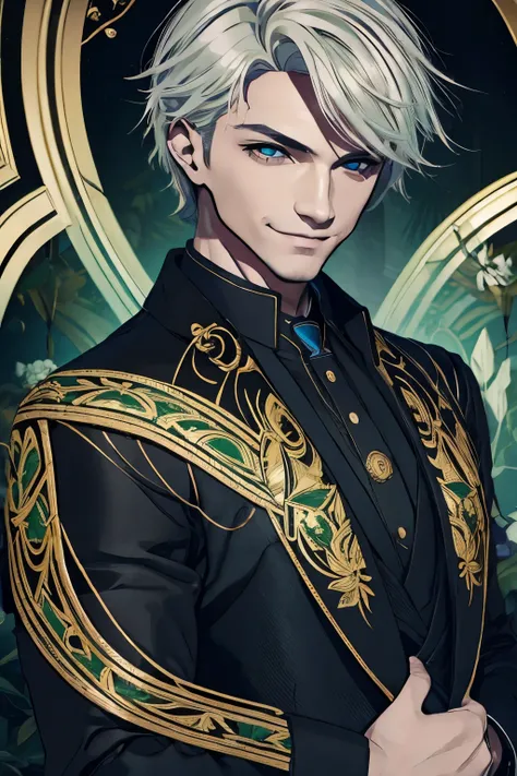 (high quality, detailed image:1.2), ultra-detailed, young male fantasy noble wearing a black suit with green and golden trimmings, white hair, smiling from ear to ear, eyes swirling with rainbow colors, eyes changing colors, mischievous