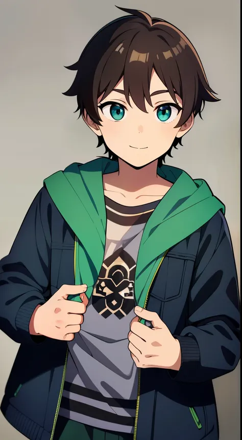 (high-quality, breathtaking),(expressive eyes, perfect face), 1boy, male, solo, grey background, dark brown hair, green blue eye color, fluffy hair, short hair length, wavy hair, small green scarf, black denim jacket, dark blue shirt, childrens clothing, 4...